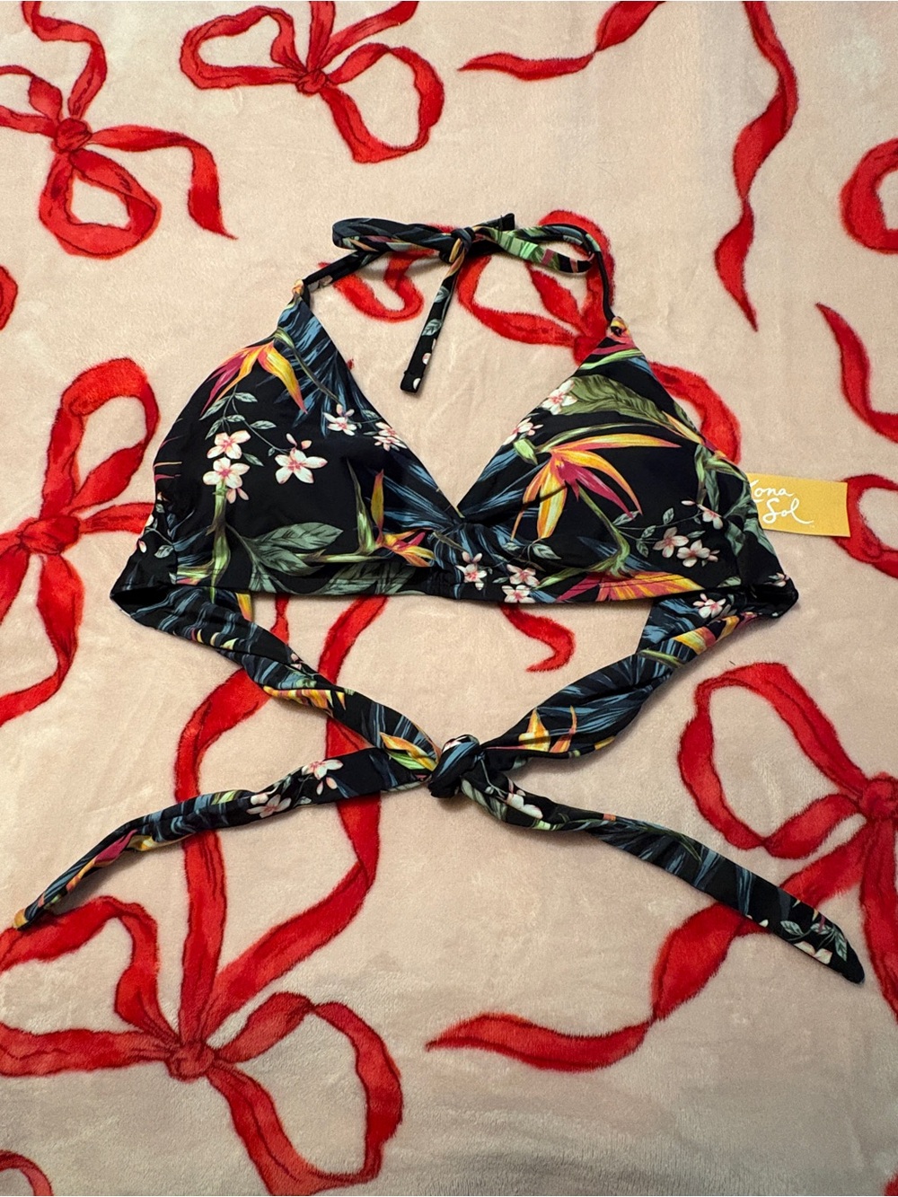 Kona Sol Black Floral Halter Bikini Top